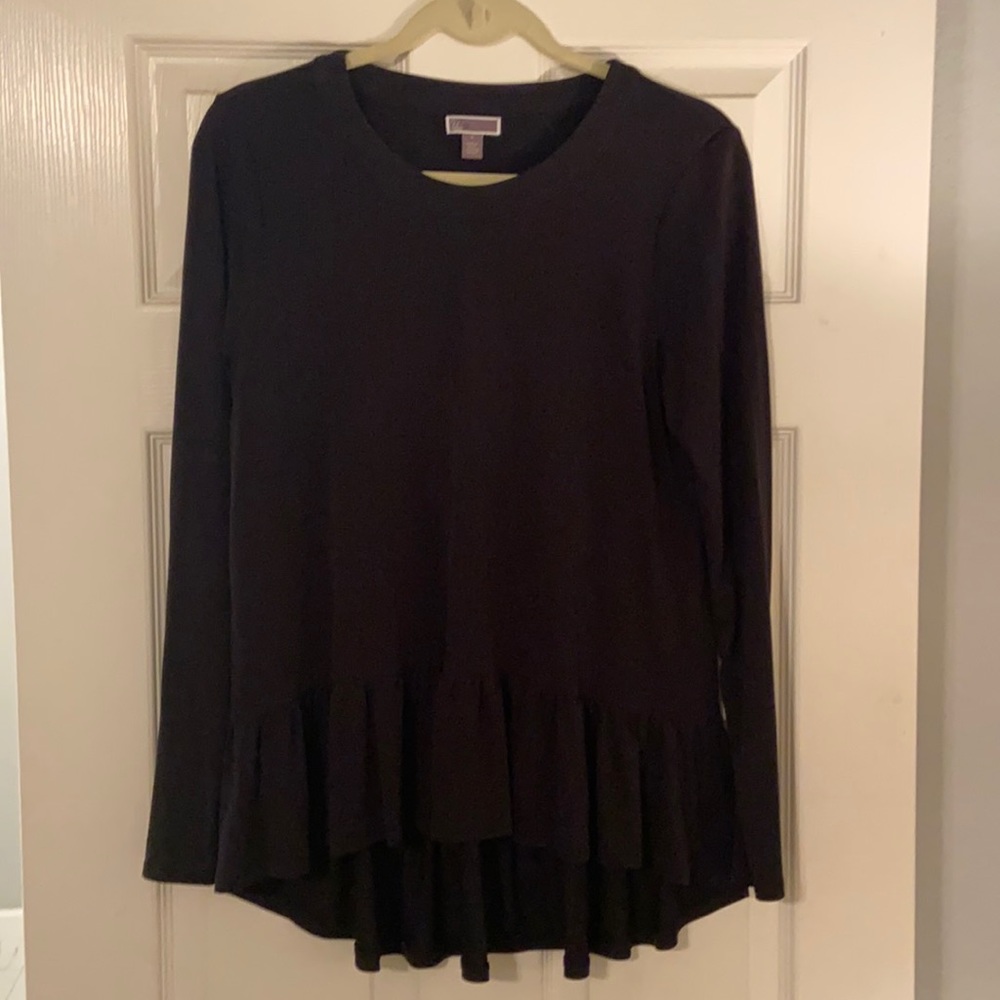 Black Crewneck Blouse with Peplum Hem